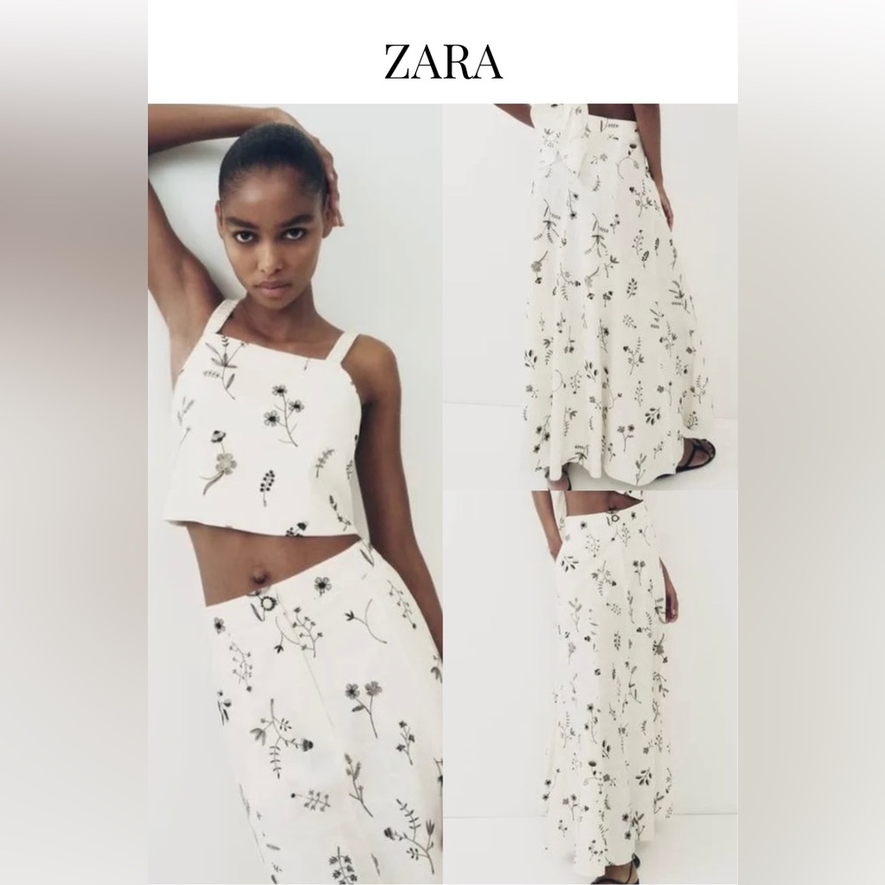 ZARA | EMBROIDERED LINEN BLEND SKIRT | M
